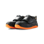Black safety shoes with orange soles on a white background
