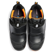 Pair of black safety shoes with orange accents on a white background