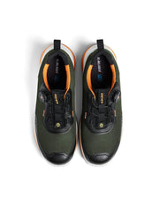 Pair of green and black safety work shoes with orange accents on a white background