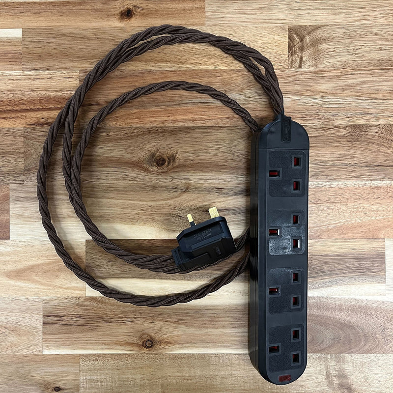 Brown / Gold / Yellow Braided Fabric Decorative Extension Lead - 4 Gang Black Trailing Socket - Extension Leads