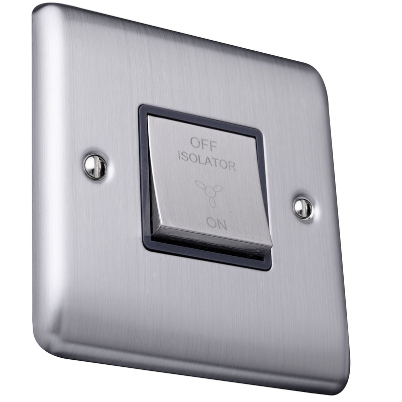 Caradok 1 Gang 3-pole Fan Isolator Switch - Brushed Chrome, Metal Switch, Grey Insert - Caradok - The Curve - Brushed Steel