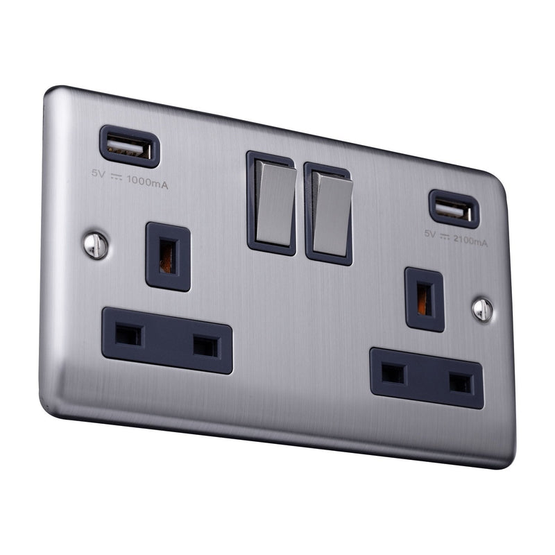 Caradok 2 Gang Double Pole switched socket with USB sockets - Brushed Steel - Caradok - The Curve - Brushed Steel