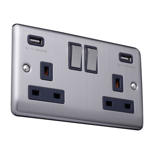 Caradok 2 Gang Double Pole switched socket with USB sockets - Brushed Steel - Caradok - The Curve - Brushed Steel