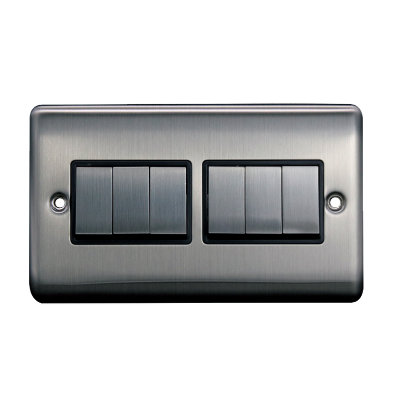 Caradok 6G 2Way 10A Switch Brushed Chrome Black Insert - Caradok - The Curve - Brushed Steel