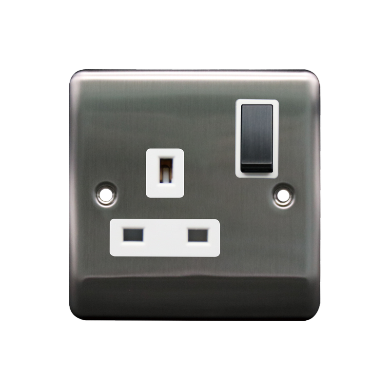 Caradok 1G 13A DP Switched Socket Brushed Chrome White Insert - Caradok - The Curve - Brushed Steel