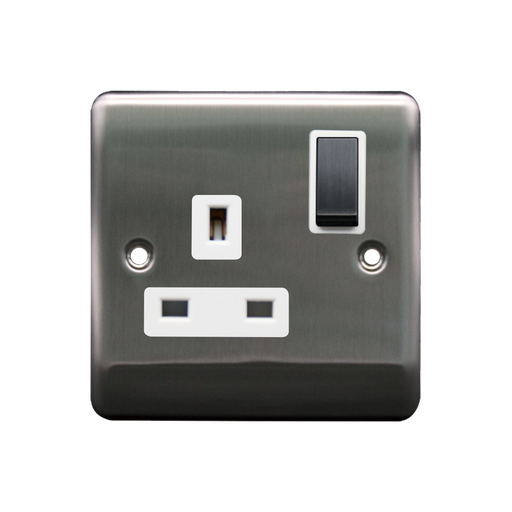 Caradok 1G 13A DP Switched Socket Brushed Chrome White Insert - Caradok - The Curve - Brushed Steel
