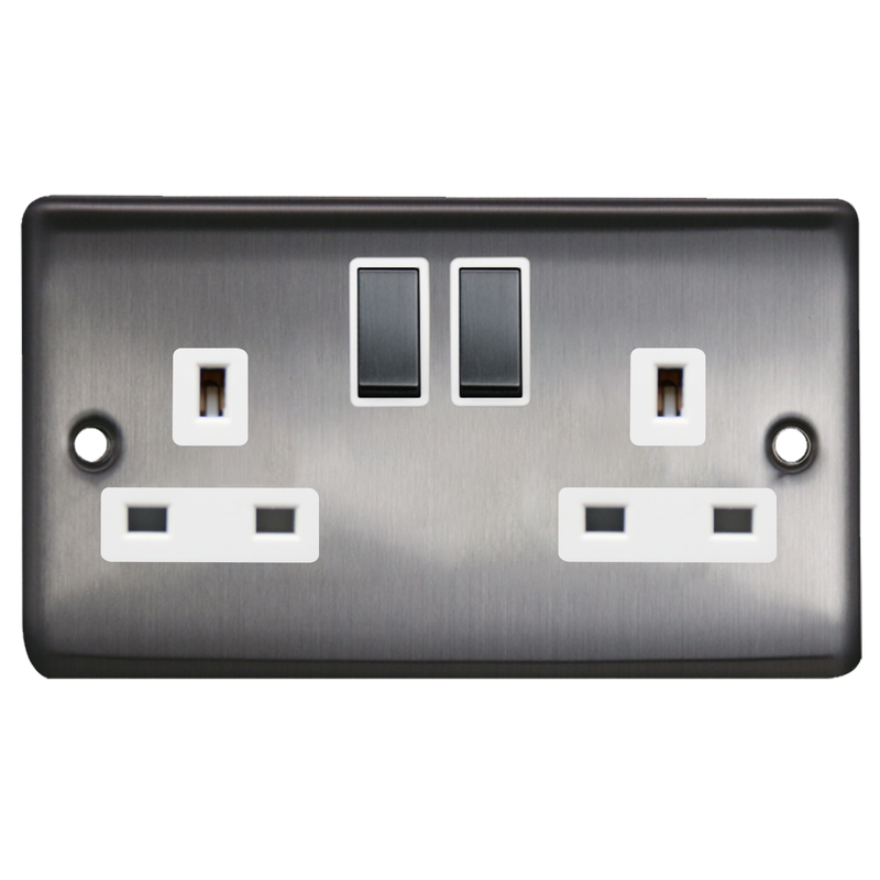 Caradok 2G 13A DP Switched Socket Brushed Chrome White Insert - Caradok - The Curve - Brushed Steel