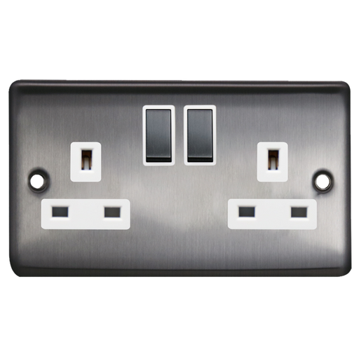 Caradok 2G 13A DP Switched Socket Brushed Chrome White Insert - Caradok - The Curve - Brushed Steel