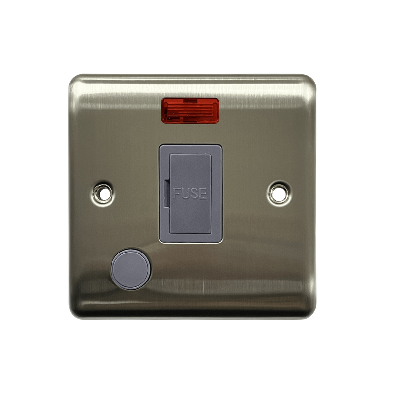 Caradok 13A Unswitched Spur c/w Neon + FO Brushed Chrome Grey Insert - Caradok - The Curve - Brushed Steel