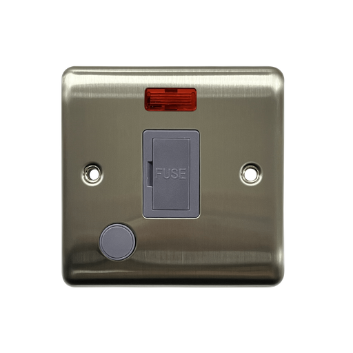 Caradok 13A Unswitched Spur c/w Neon + FO Brushed Chrome Grey Insert - Caradok - The Curve - Brushed Steel