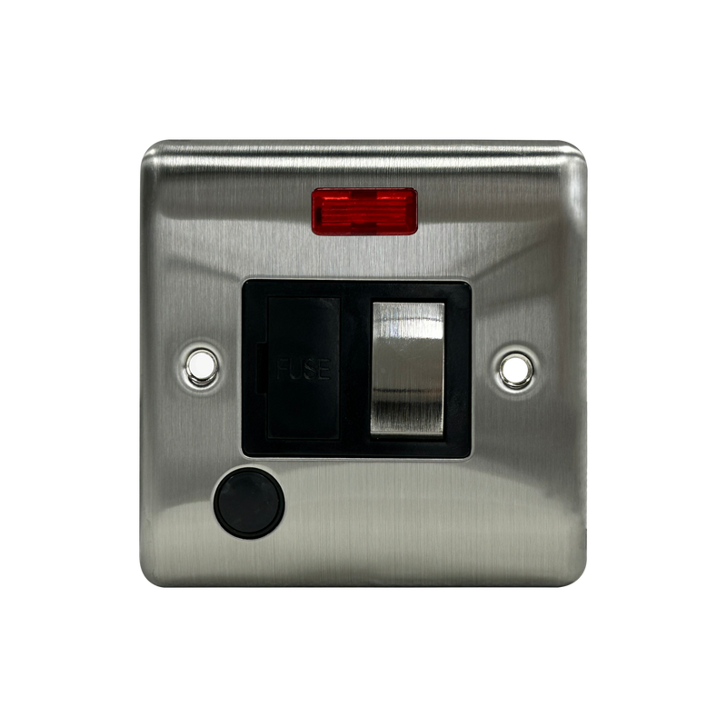 Caradok 13A Switched Spur c/w Neon + FO Brushed Chrome Black Insert - Caradok - The Curve - Brushed Steel