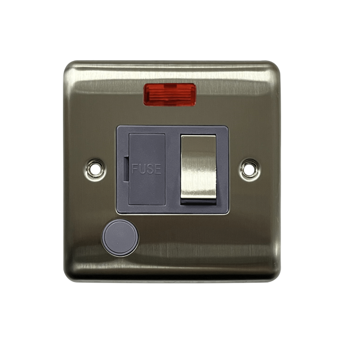 Caradok 13A Switched Spur c/w Neon + FO Brushed Chrome Grey Insert - Caradok - The Curve - Brushed Steel