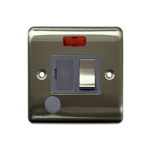 Caradok 13A Switched Spur c/w Neon + FO Brushed Chrome Grey Insert - Caradok - The Curve - Brushed Steel