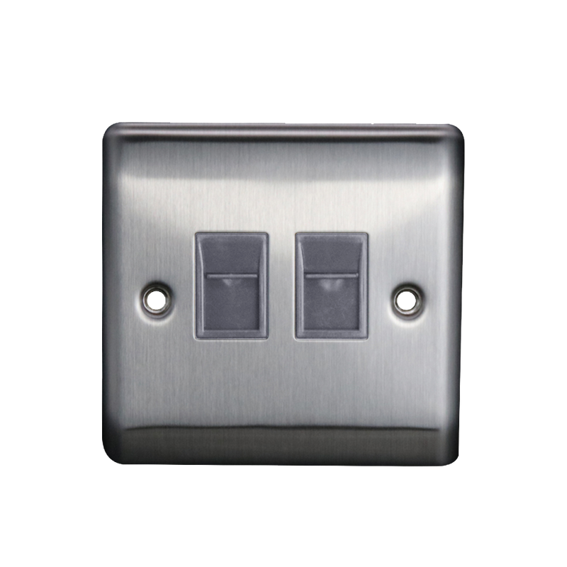 Caradok 2G RJ45 Cat5 Socket Brushed Chrome Grey Insert - Caradok - The Curve - Brushed Steel