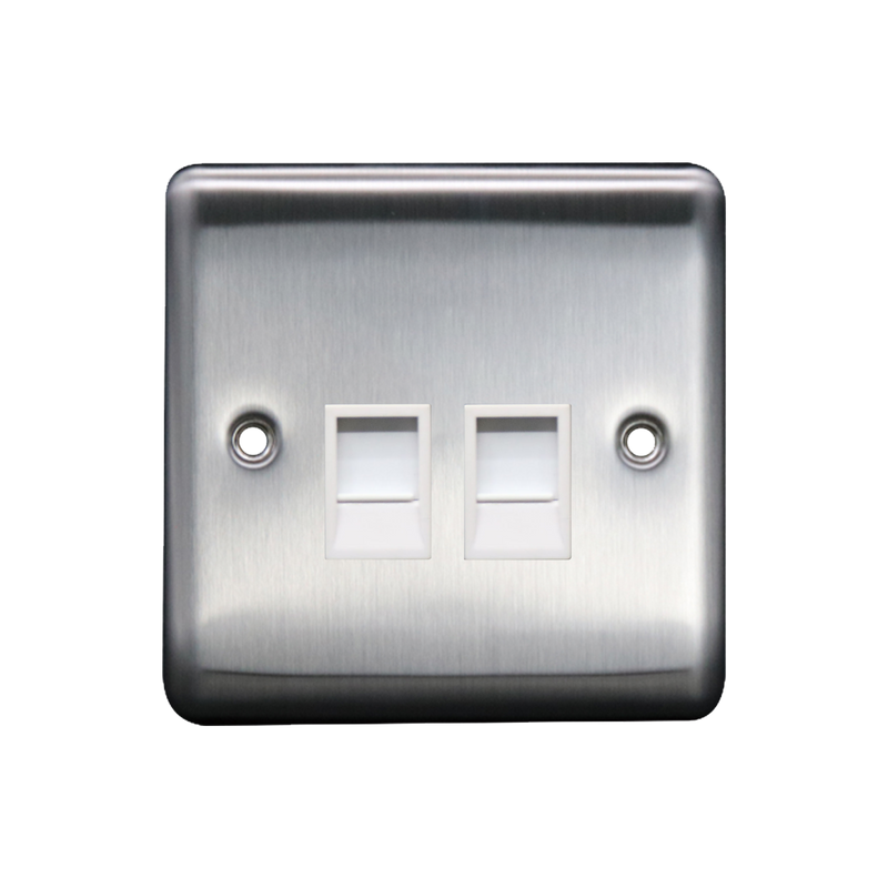 Caradok 2G RJ45 Cat5 Socket Brushed Chrome White Insert - Caradok - The Curve - Brushed Steel