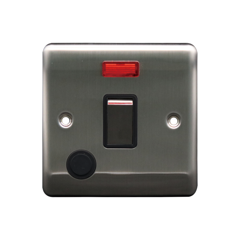 Caradok 20A DP Switch c/w Neon Brushed Chrome Black Insert - Caradok - The Curve - Brushed Steel