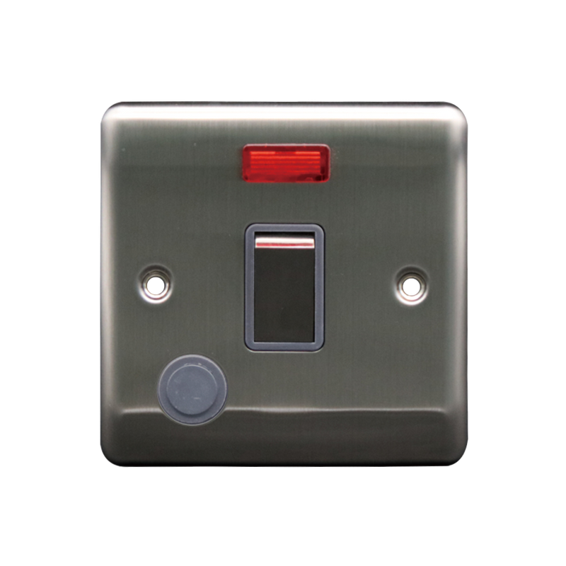 Caradok 20A DP Switch c/w Neon + FO Brushed Chrome Grey Insert - Caradok - The Curve - Brushed Steel