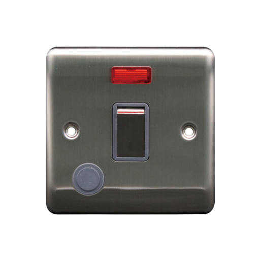 Caradok 20A DP Switch c/w Neon + FO Brushed Chrome Grey Insert - Caradok - The Curve - Brushed Steel