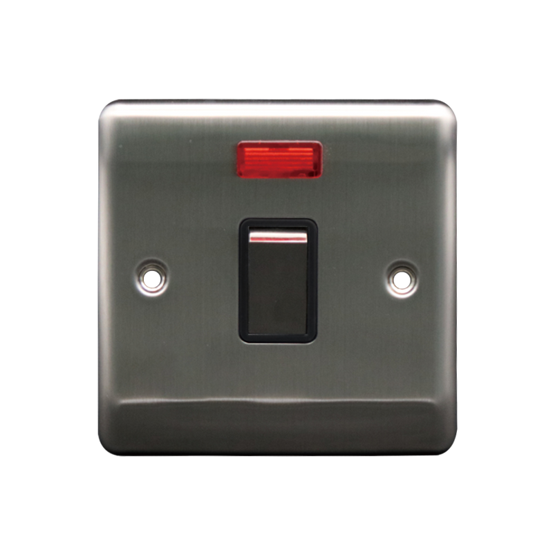 Caradok 20A DP Switch c/w Neon Brushed Chrome Black Insert - Caradok - The Curve - Brushed Steel