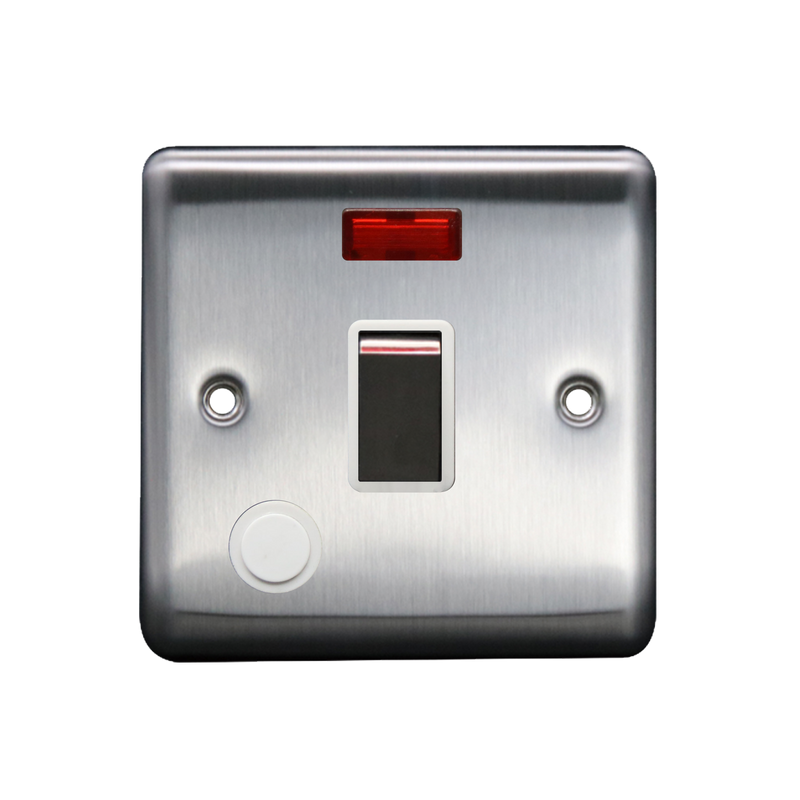 Caradok 20A DP Switch c/w Neon + FO Brushed Chrome White Insert - Caradok - The Curve - Brushed Steel