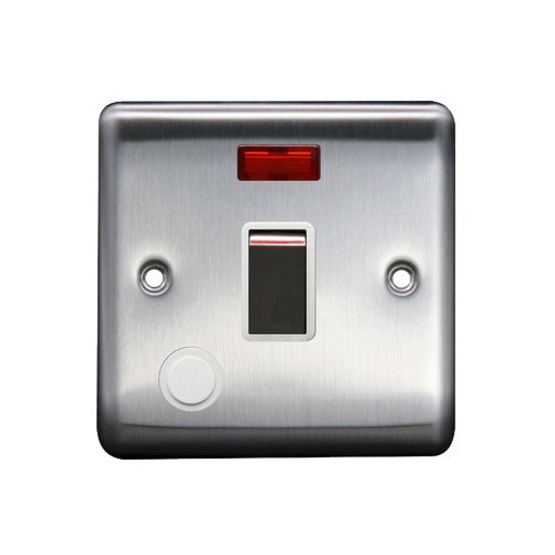 Caradok 20A DP Switch c/w Neon + FO Brushed Chrome White Insert - Caradok - The Curve - Brushed Steel
