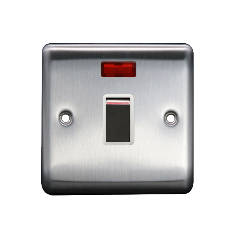 Caradok 20A DP Switch c/w Neon Brushed Chrome White Insert - Caradok - The Curve - Brushed Steel
