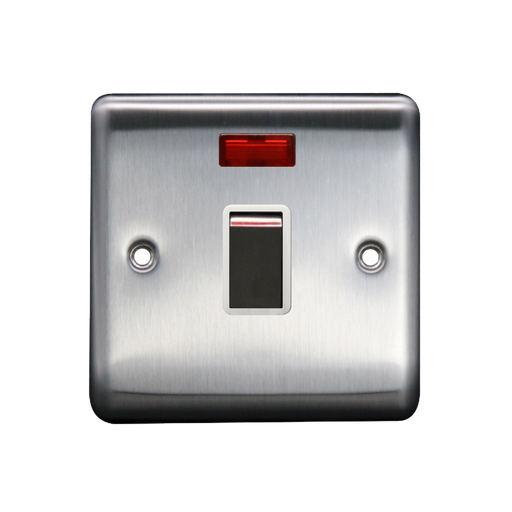 Caradok 20A DP Switch c/w Neon Brushed Chrome White Insert - Caradok - The Curve - Brushed Steel