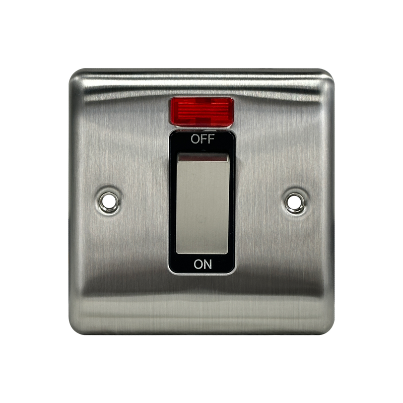 Caradok 1G 45A DP Switch c/w Neon Brushed Chrome Black Insert - Caradok - The Curve - Brushed Steel