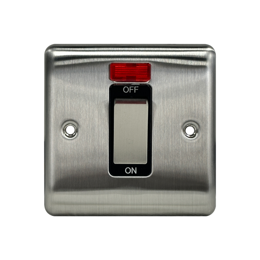 Caradok 1G 45A DP Switch c/w Neon Brushed Chrome Black Insert - Caradok - The Curve - Brushed Steel