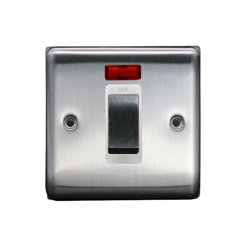Caradok 1G 45A DP Switch c/w Neon Brushed Chrome White Insert - Caradok - The Curve - Brushed Steel