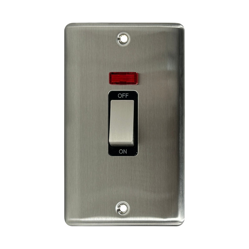 Caradok 2G 45A DP Switch c/w Neon Brushed Chrome Black Insert - Caradok - The Curve - Brushed Steel