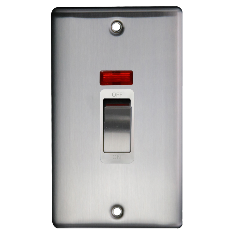 Caradok 2G 45A DP Switch c/w Neon Brushed Chrome White Insert - Caradok - The Curve - Brushed Steel