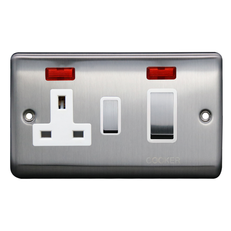 Caradok 45A DP Cooker Control Unit c/w Neon Brushed Chrome White Insert - Caradok - The Curve - Brushed Steel