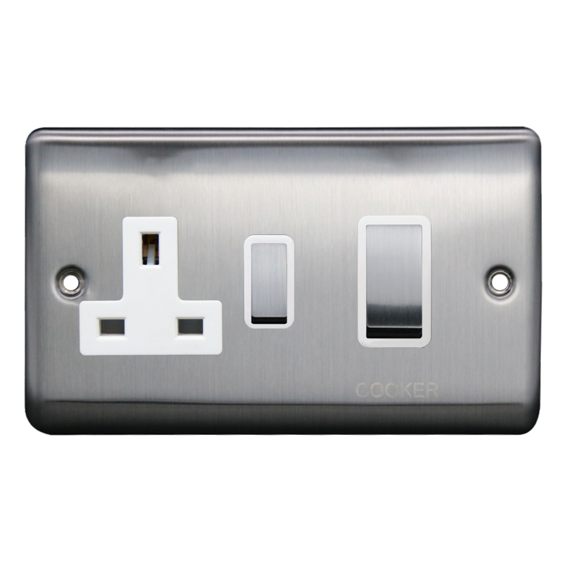 Caradok 45A DP Cooker Control Unit Brushed Chrome White Insert - Caradok - The Curve - Brushed Steel