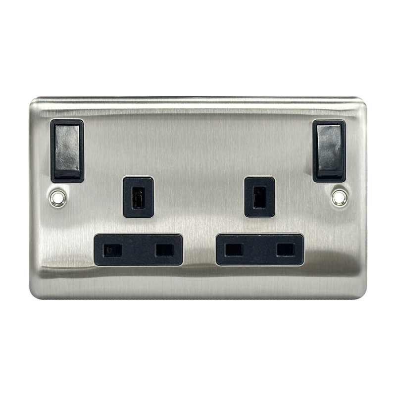 Caradok 13A DP Outboard Rocker Switched Socket Brushed Chrome Black Insert (Red On) - Caradok - The Curve - Brushed Steel