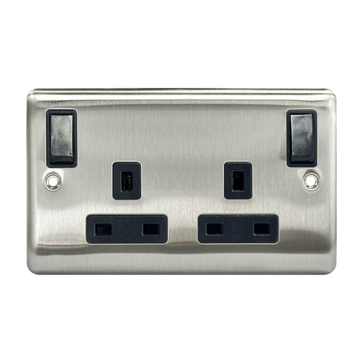 Caradok 13A DP Outboard Rocker Switched Socket Brushed Chrome Black Insert (Red On) - Caradok - The Curve - Brushed Steel