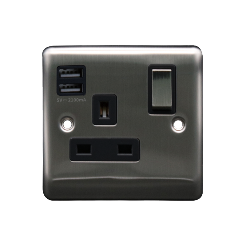 Caradok 1G 13A Switched Socket 2 USB A 2.1A Brushed Black Insert - Caradok - The Curve - Brushed Steel