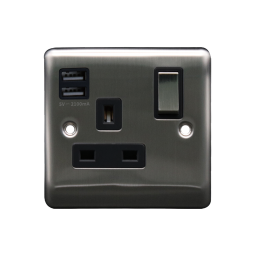 Caradok 1G 13A Switched Socket 2 USB A 2.1A Brushed Black Insert - Caradok - The Curve - Brushed Steel
