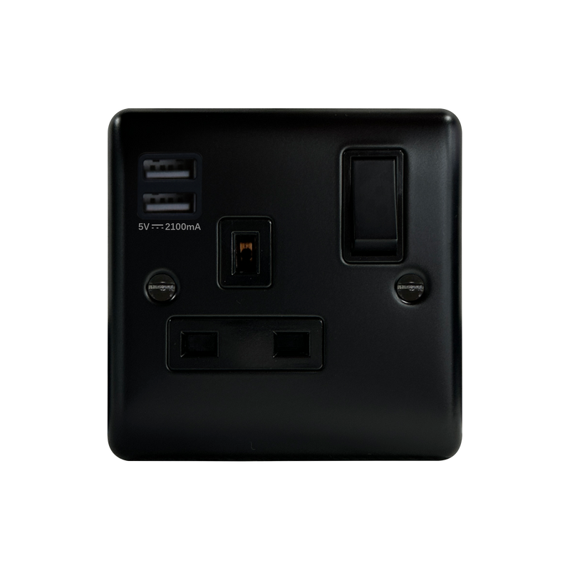Caradok 1G 13A Switched Socket 2 USB A Matt Black - Caradok - The Curve - Matt Black