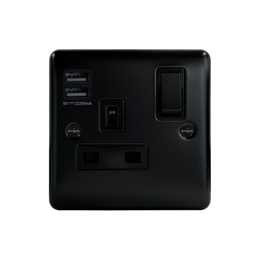 Caradok 1G 13A Switched Socket 2 USB A Matt Black - Caradok - The Curve - Matt Black