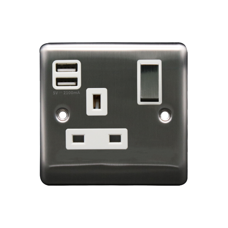Caradok 1G 13A Switched Socket 2 USB A 2.1A Brushed Chrome White Insert - Caradok - The Curve - Brushed Steel