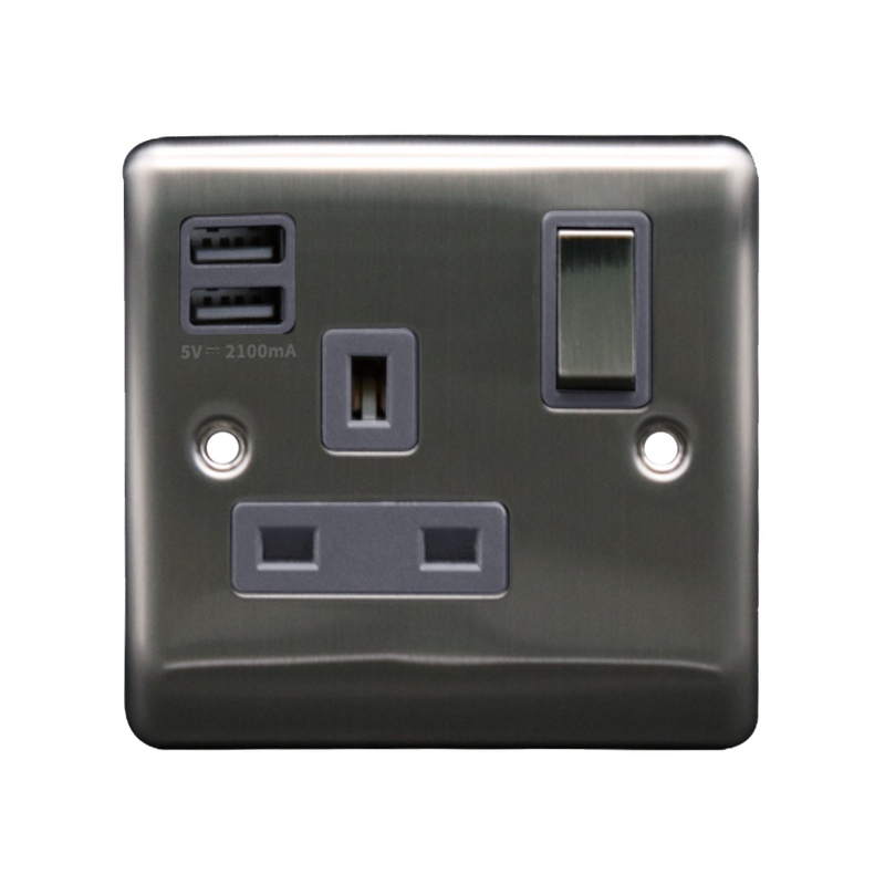 Caradok 1G 13A Switched Socket 2 USB A 2.1A Brushed Chrome Grey Insert - Caradok - The Curve - Brushed Steel