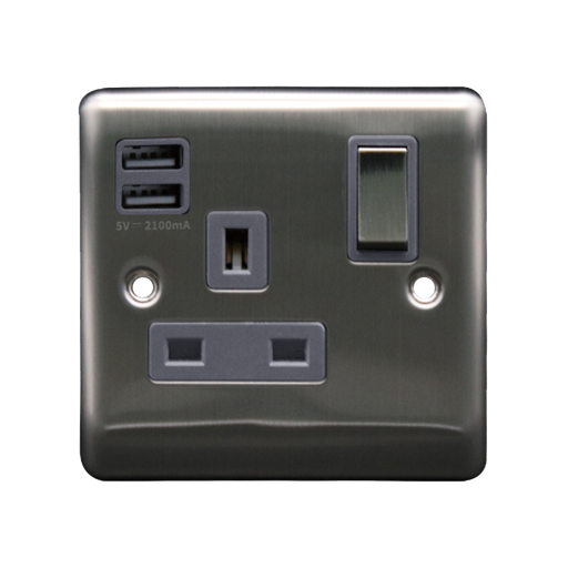 Caradok 1G 13A Switched Socket 2 USB A 2.1A Brushed Chrome Grey Insert - Caradok - The Curve - Brushed Steel