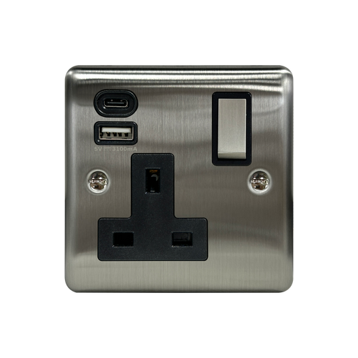 Caradok 1G 13A Switched Socket USB A + C Brushed Chrome Black Insert - Caradok - The Curve - Brushed Steel