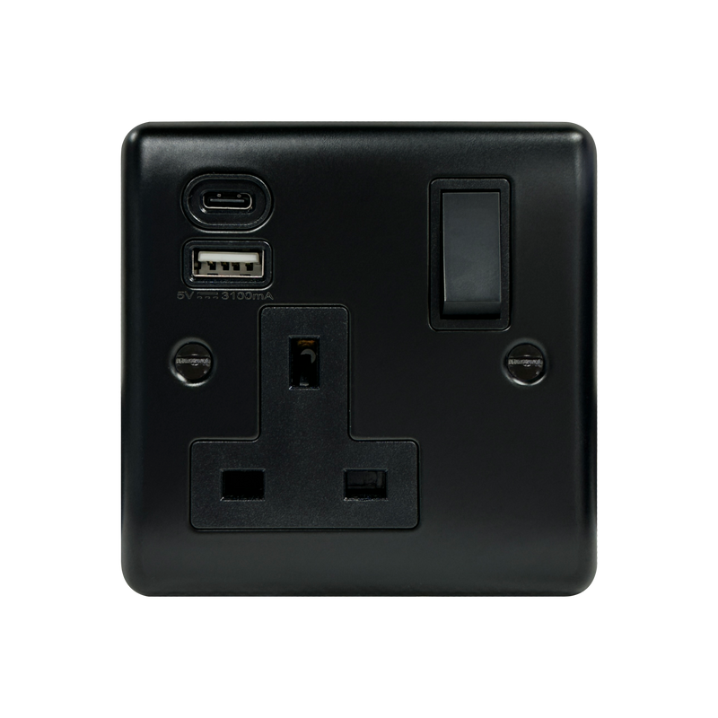 Caradok 1G 13A Switched Socket USB + TYPE C Matt Black - Caradok - The Curve - Matt Black