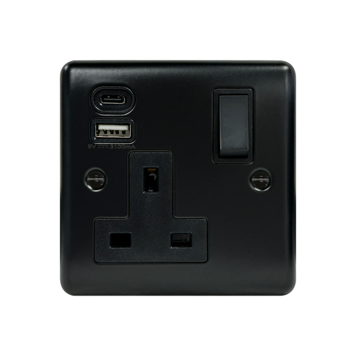 Caradok 1G 13A Switched Socket USB + TYPE C Matt Black - Caradok - The Curve - Matt Black