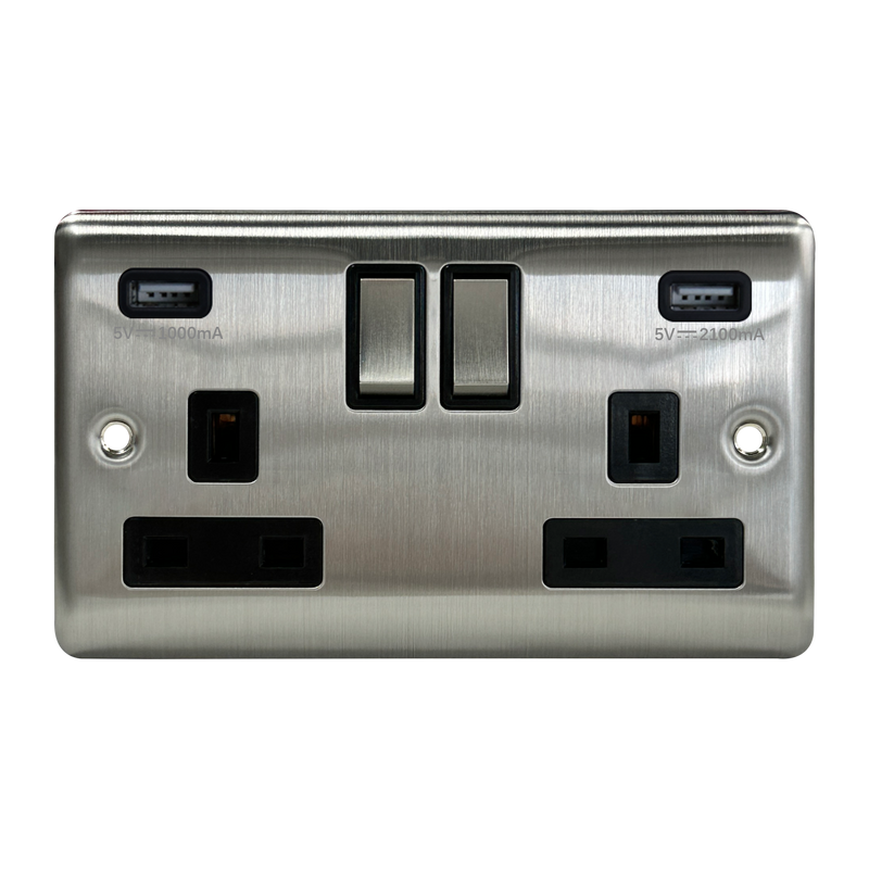 Caradok 2G 13A Switched Socket 2 USB A 3.1A Brushed Chrome Black Insert - Caradok - The Curve - Brushed Steel