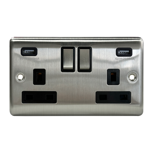 Caradok 2G 13A Switched Socket 2 USB A 3.1A Brushed Chrome Black Insert - Caradok - The Curve - Brushed Steel