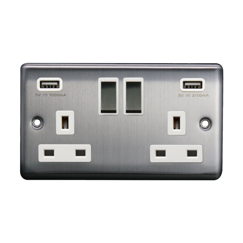 Caradok 2G 13A Switched Socket 2 USB A 3.1A Brushed Chrome White Insert - Caradok - The Curve - Brushed Steel
