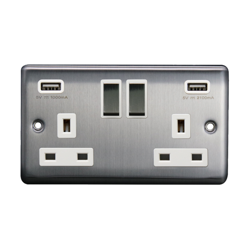 Caradok 2G 13A Switched Socket 2 USB A 3.1A Brushed Chrome White Insert - Caradok - The Curve - Brushed Steel